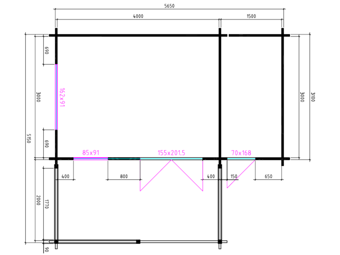 Blokhut 4x3+2Z Interflex 590x340 + veranda / luifel 200cm