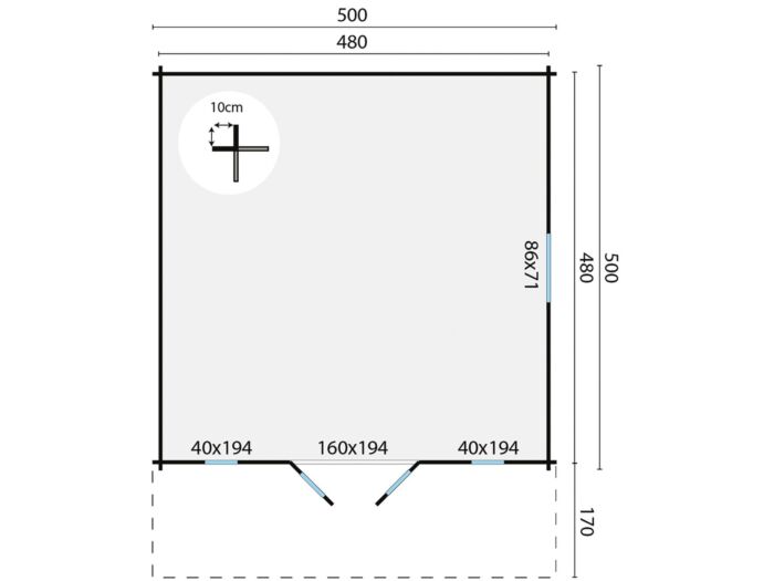 Blokhut Emiel 500x500cm + luifel 170cm