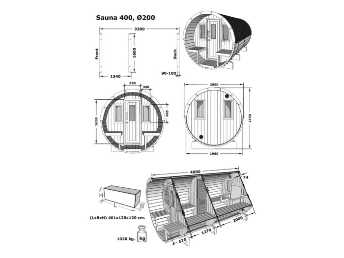 Barrelsauna 200 x 400 cm Thermowood