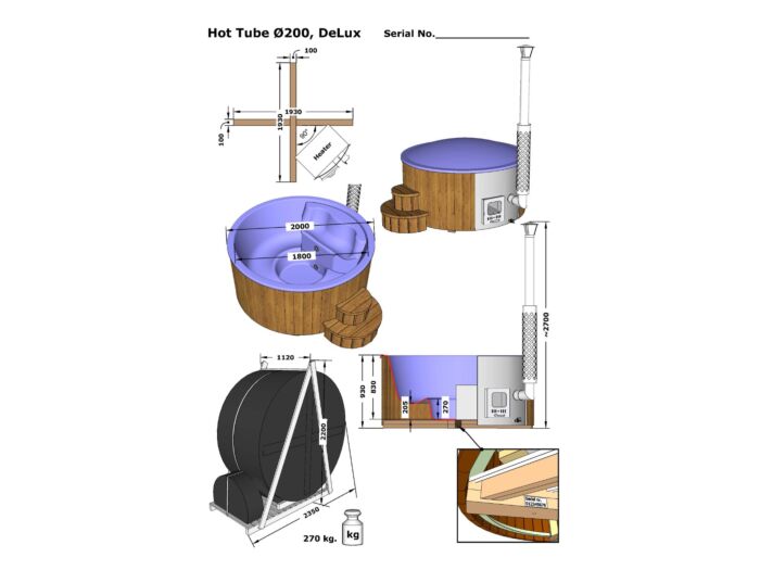 Luxe Hottub 200cm - interne kachel - Fiberglas binnenbak