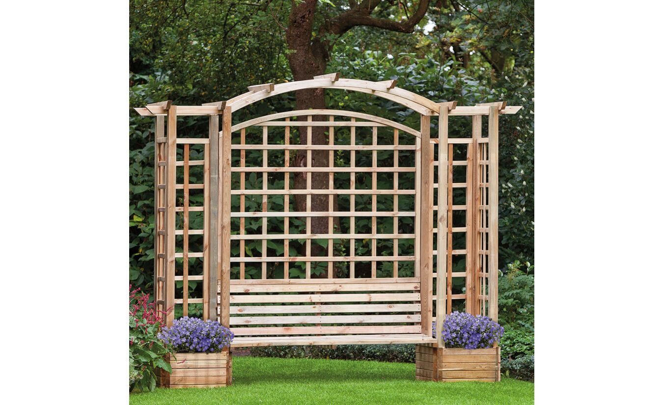 het dossier Vooruitzicht verzameling Houten pergola met bank en bloembakken geimpregneerd 287x54x270cm