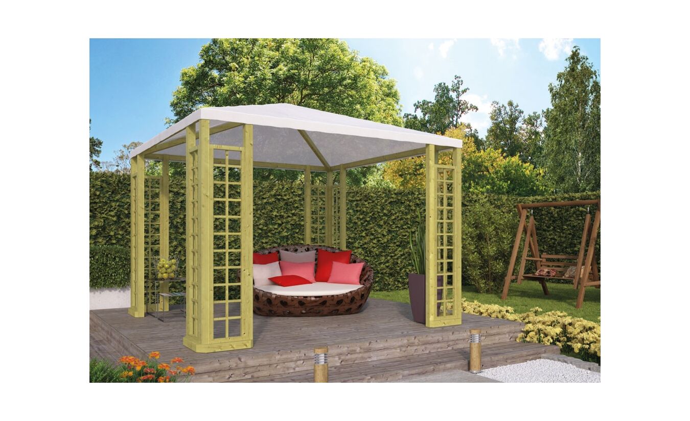 Houten paviljoen prieel geimpregneerd 300x300cm met wit zeildoek