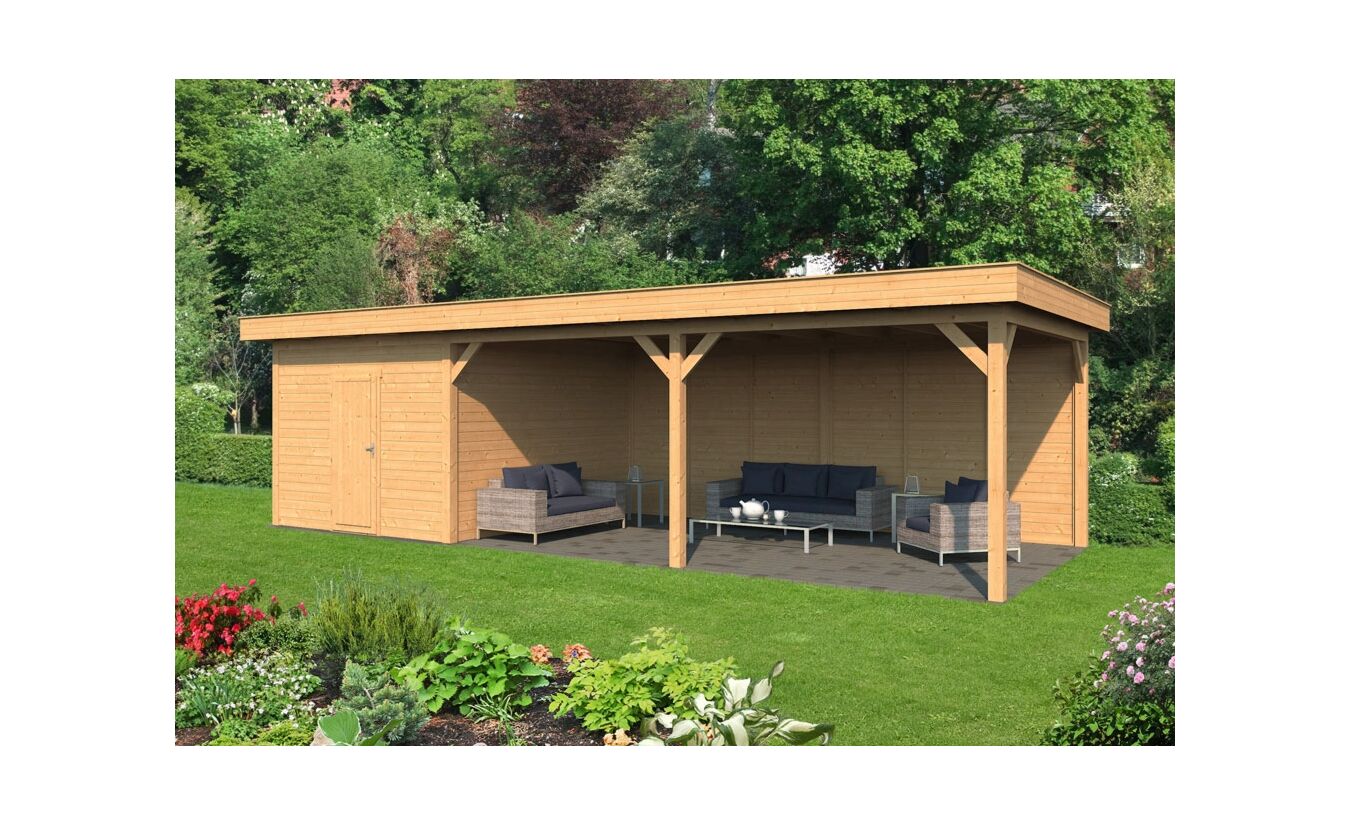 Overkapping plat dak Oslo XL 990x380cm type 7 met onbehandelde wanden