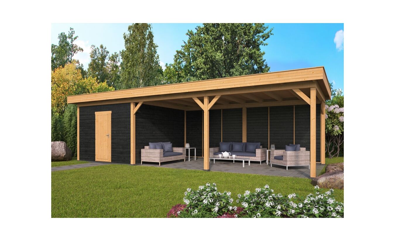 Overkapping plat dak Oslo XL 990x380cm type 7 met zwarte wanden