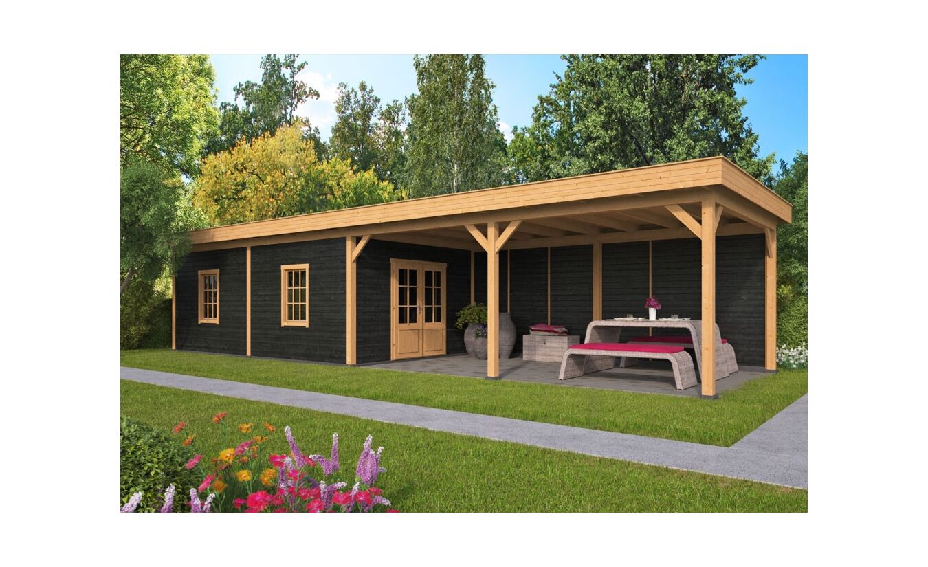 Overkapping plat dak Oslo XL 1303x430cm type 11 met zwarte wanden