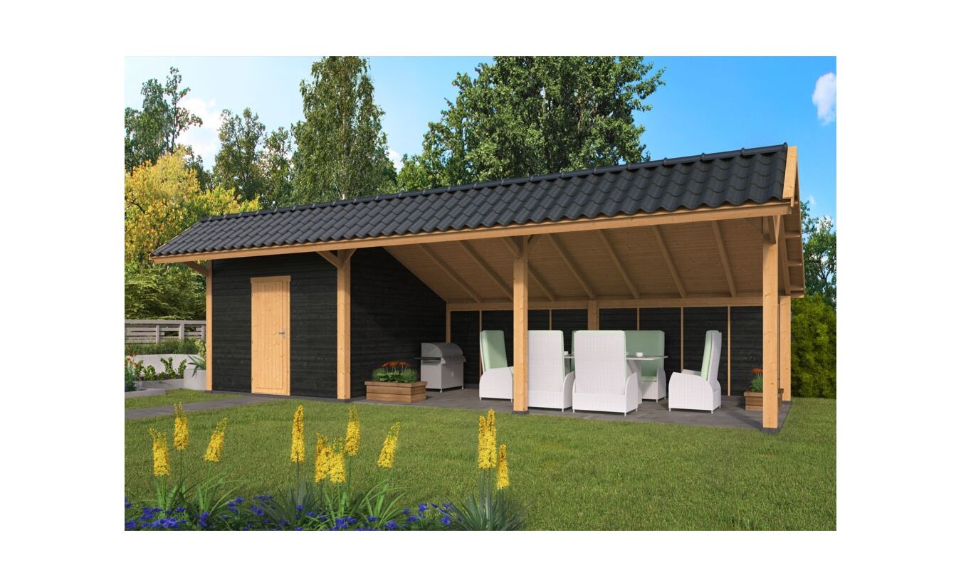 Kapschuur Bergen XL Lariks Douglas 989x452cm type 7 met zwarte wanden
