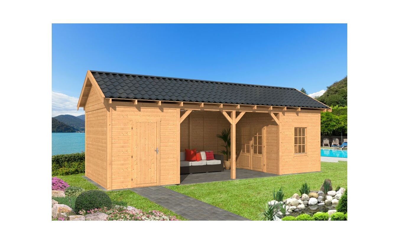 Overkapping zadeldak Hamar L 903x395 cm type 12 met onbehandelde wanden