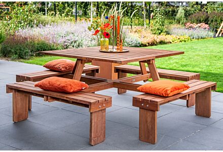 Picknicktafel vierkant hardhout mahonie 210x210x75cm