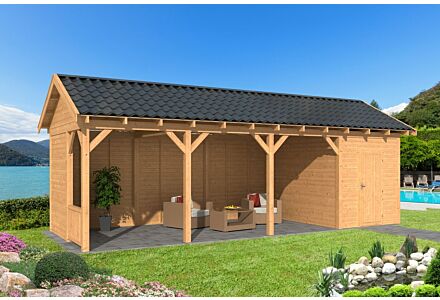 Overkapping zadeldak Hamar L 903x395 cm type 10 met onbehandelde wanden